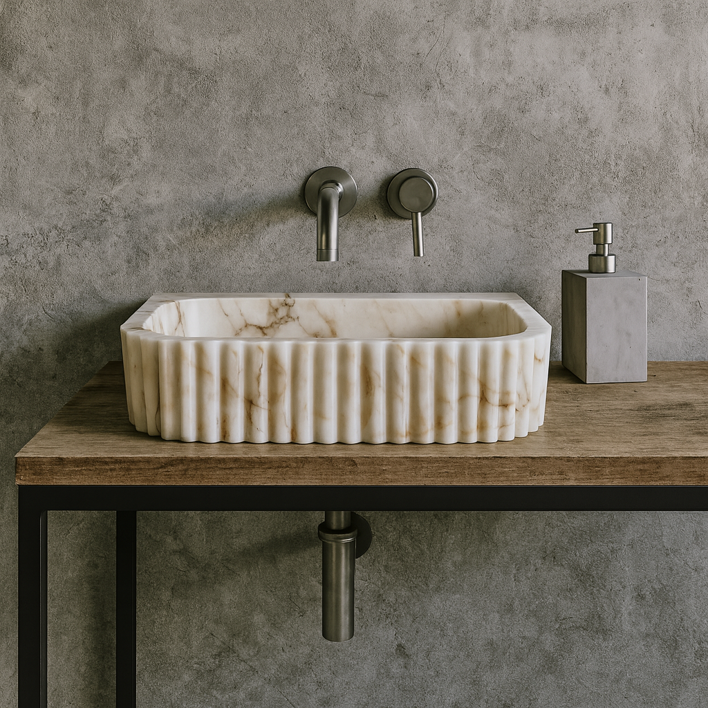 Calacatta Marble Vessel Sink - Luxury Fluted Bathroom Basin 16x20 | Premium Stone Sink USA