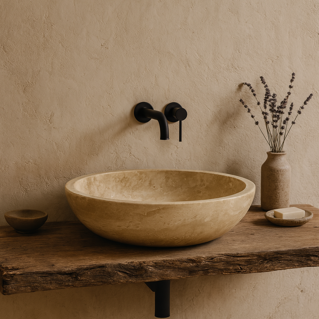 Light Travertine Marble Vessel Sink - Round Stone Bathroom Basin 16x16 | Luxury Natural Sink USA