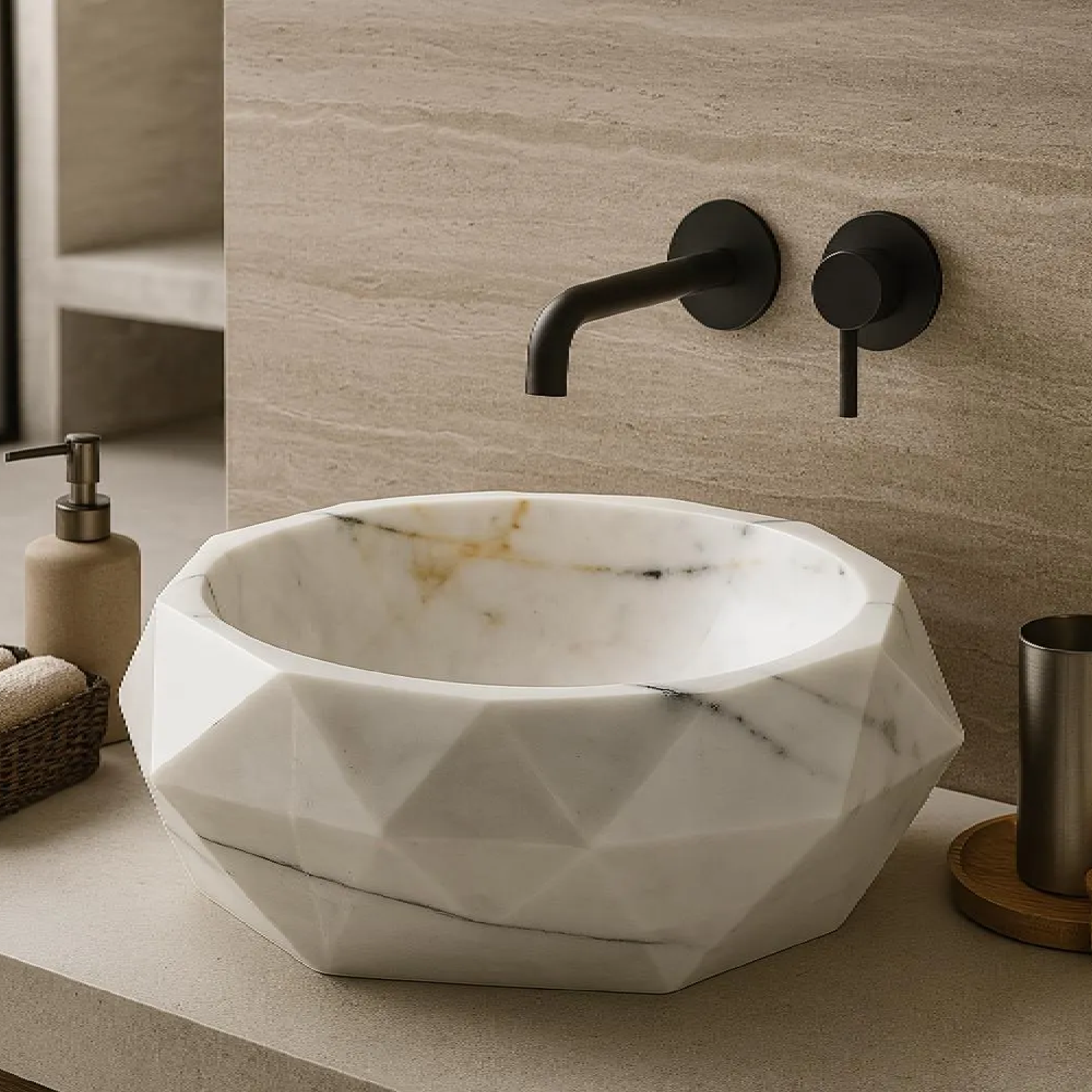 Modern Marble Vessel Sink | Geometric Bathroom Basin 16.5x16.5 USA | Luxury White Stone Sink