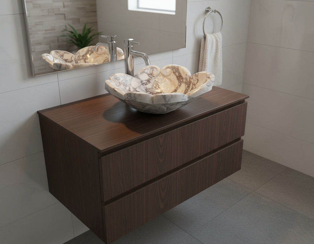 Luxury Marble Vessel Sink – Hand-Carved Natural Stone Bathroom Basin, Designer Vanity Bowl 16.5"x16.5"x5.5" (42x42x14 cm)