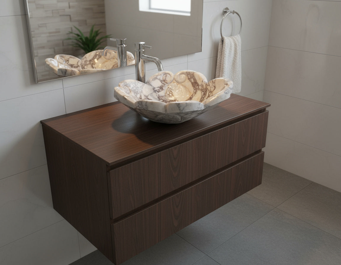 Luxury Marble Vessel Sink – Hand-Carved Natural Stone Bathroom Basin, Designer Vanity Bowl 16.5"x16.5"x5.5" (42x42x14 cm)
