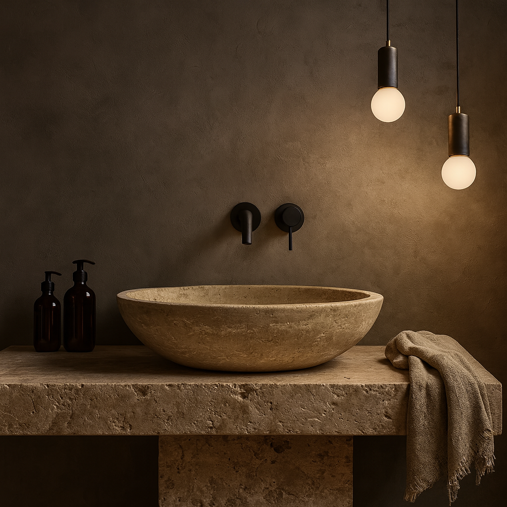Mocha Travertine Marble Sink | Oval Vessel Basin 14.5x19.5 | Natural Stone Bathroom Sink USA