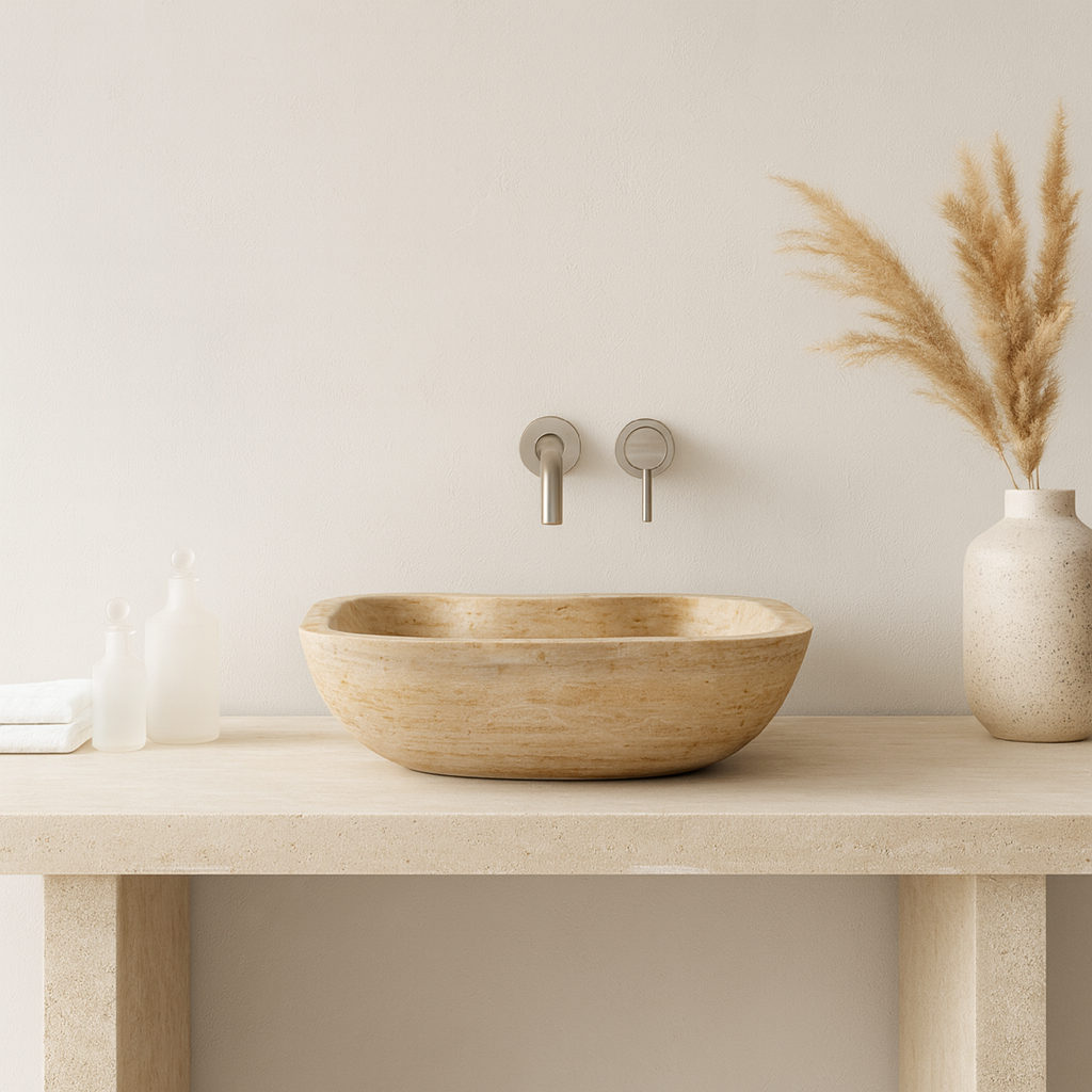 Travertine Vessel Sink | Natural Stone Bathroom Basin 18x18 inches USA | Luxury Marble Sink