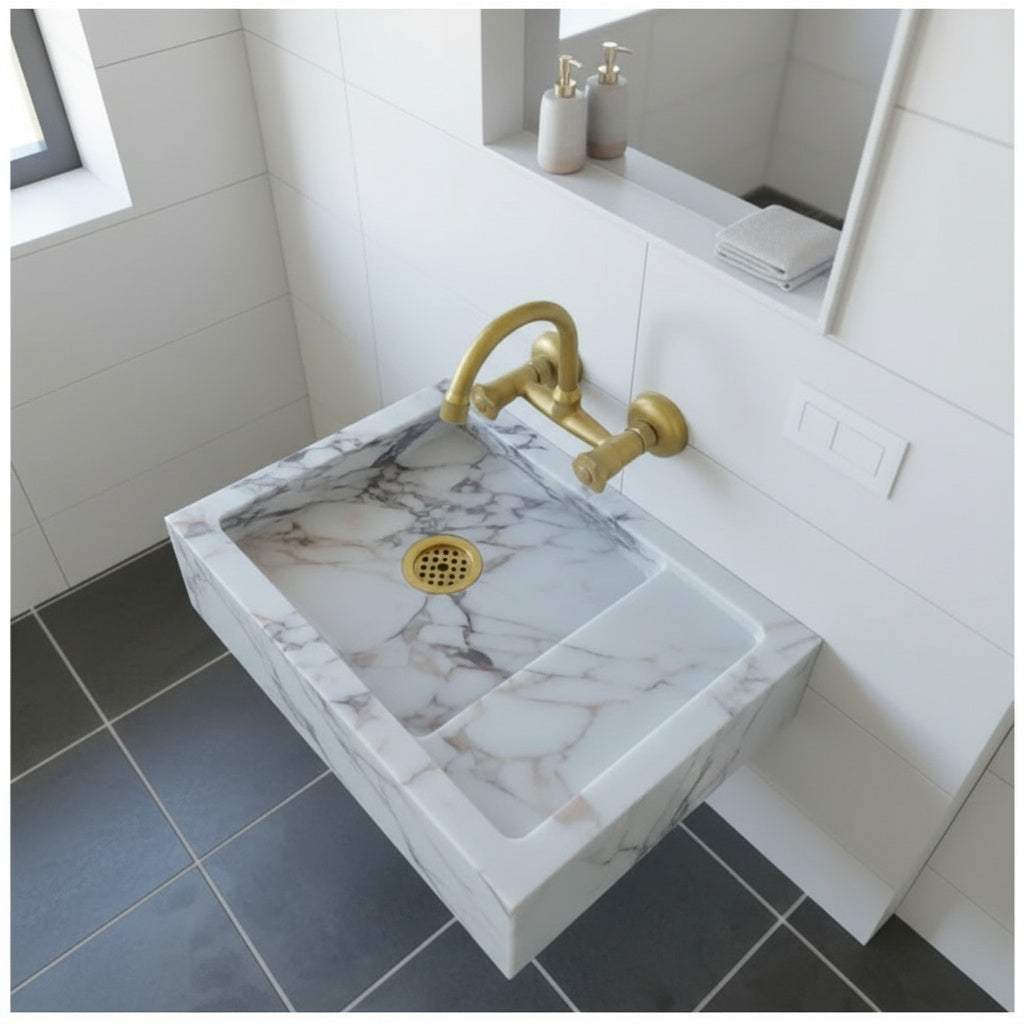 Calacatta Viola Bathroom Sink – Wall-Mount Marble Vanity Sink, Natural Stone Polished Basin