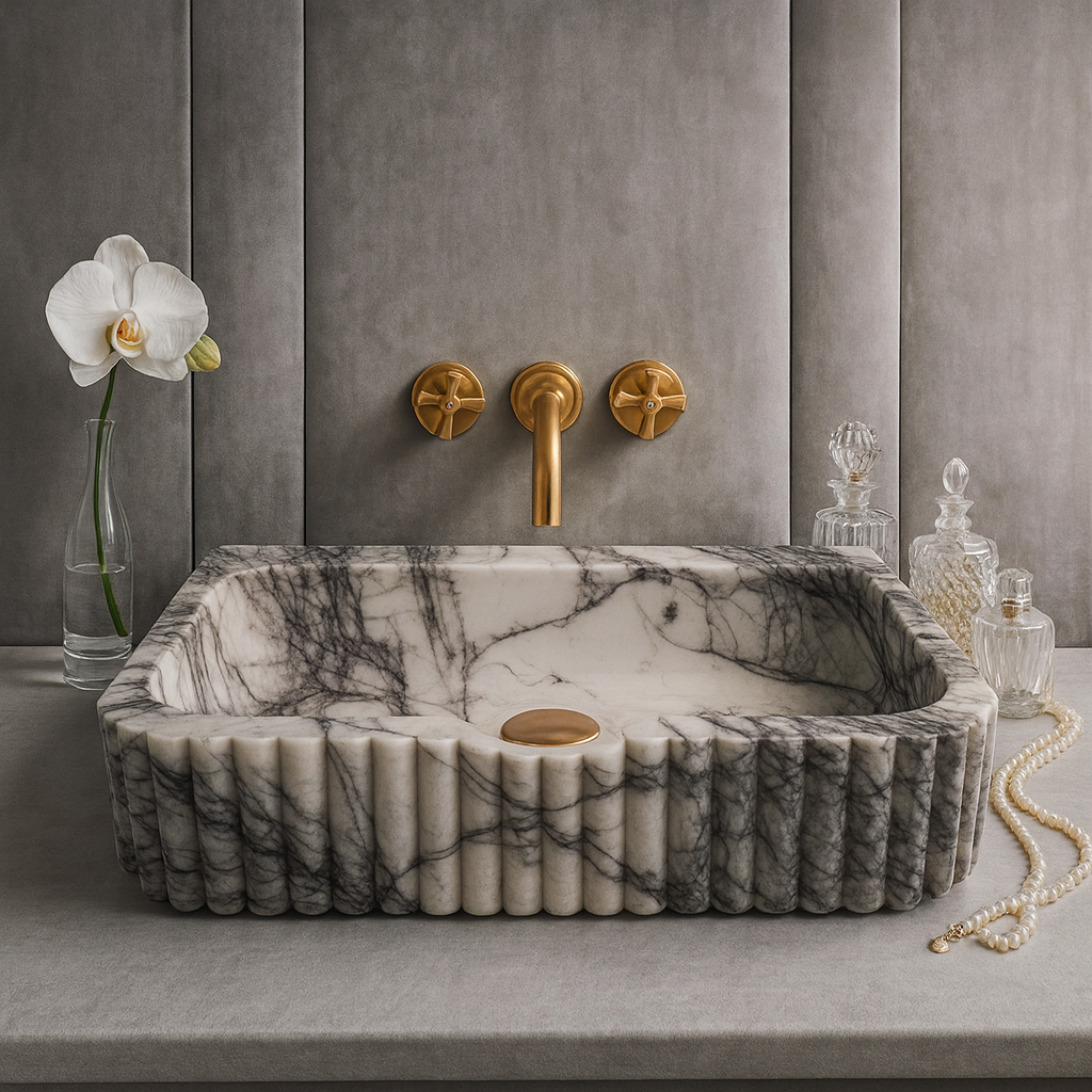 Luxury Marble Bathroom Sink – New York Marble Wall-Mount Vanity with Ribbed Texture