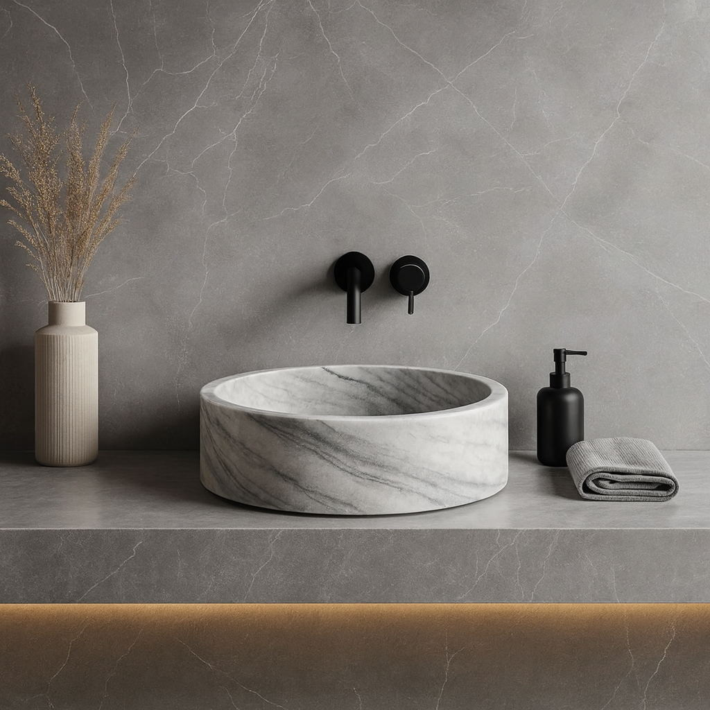 Grey Marble Sink | Round Vessel Basin 16.5x16.5 | Natural Stone Bathroom Sink USA