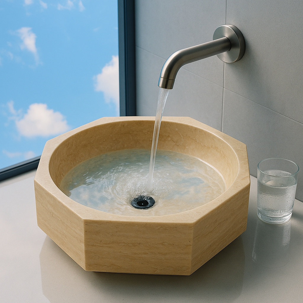 Travertine Vessel Sink | Octagon Natural Stone Bathroom Basin | Luxury Beige Marble Sink