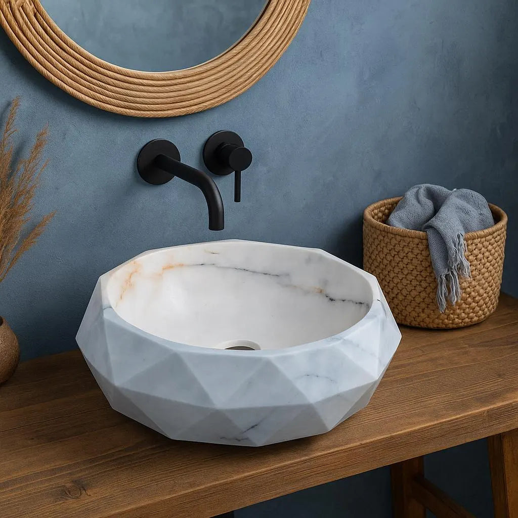 Modern Marble Vessel Sink | Geometric Bathroom Basin 16.5x16.5 USA | Luxury White Stone Sink
