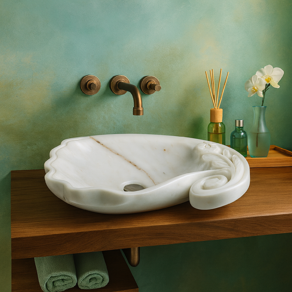 Marble Vessel Sink | Hand-Carved Natural Stone Bathroom Basin  | Luxury Floral Design Vanity