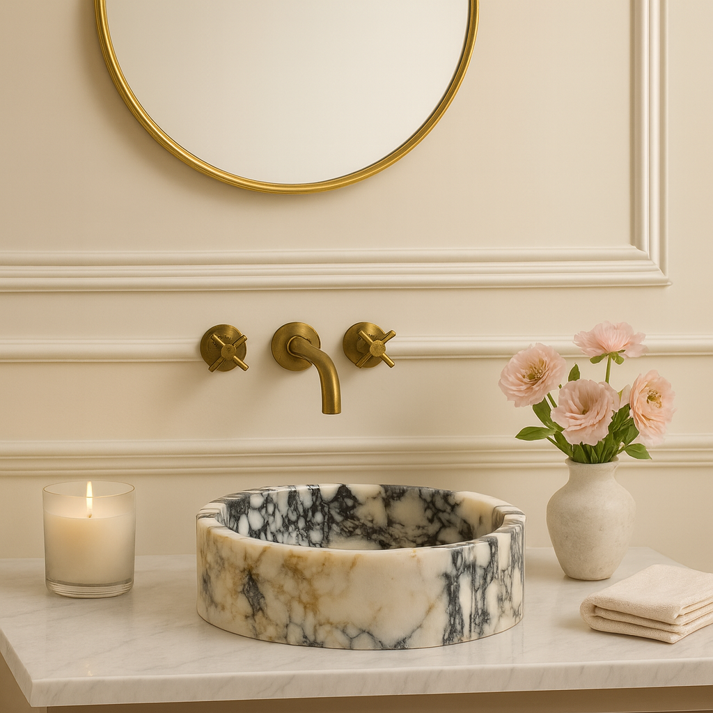 Calacatta Viola Marble Sink | Luxury Round Vessel Basin 16x16 | Natural Stone Bathroom Sink USA