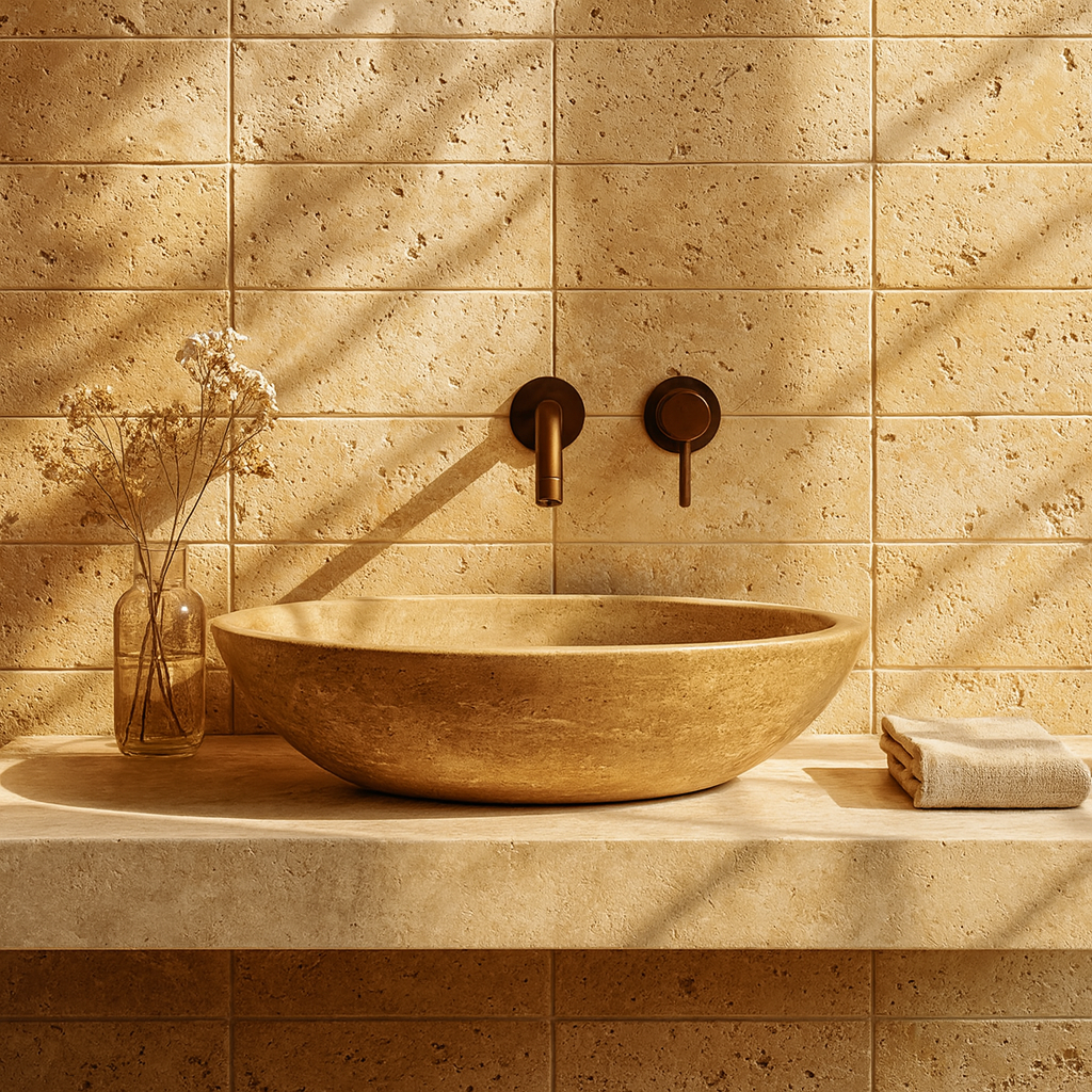 Mocha Travertine Marble Sink | Oval Vessel Basin 14.5x19.5 | Natural Stone Bathroom Sink USA