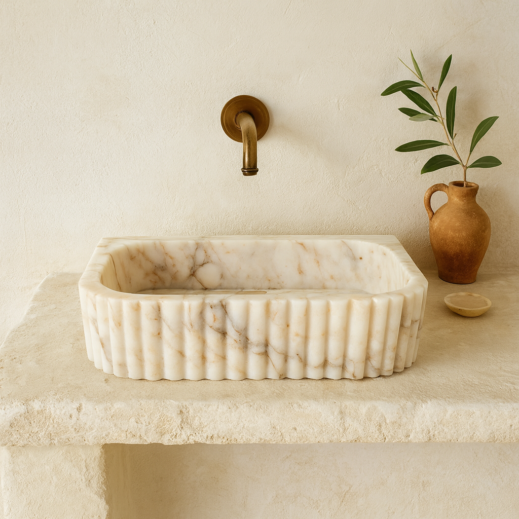 Calacatta Marble Vessel Sink - Luxury Fluted Bathroom Basin 16x20 | Premium Stone Sink USA