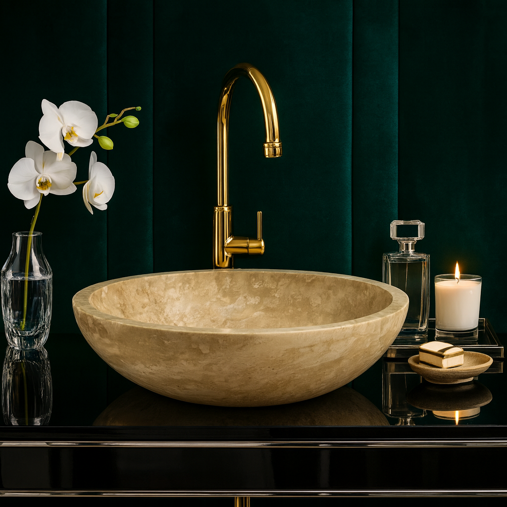 Light Travertine Marble Vessel Sink - Round Stone Bathroom Basin 16x16 | Luxury Natural Sink USA