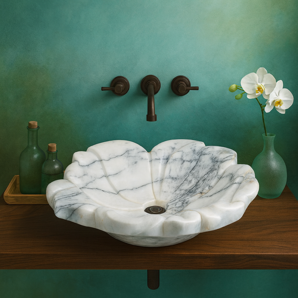 Flower Marble Sink | Hand-Carved Vessel Basin USA | Luxury Natural Stone Bathroom Sink