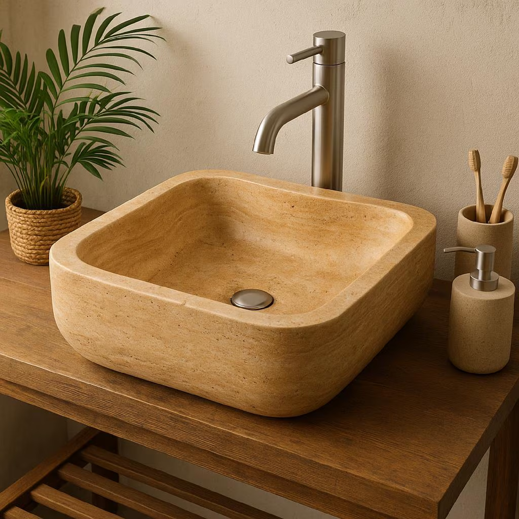 Travertine Vessel Sink | Natural Stone Bathroom Basin 18x18 inches USA | Luxury Marble Sink