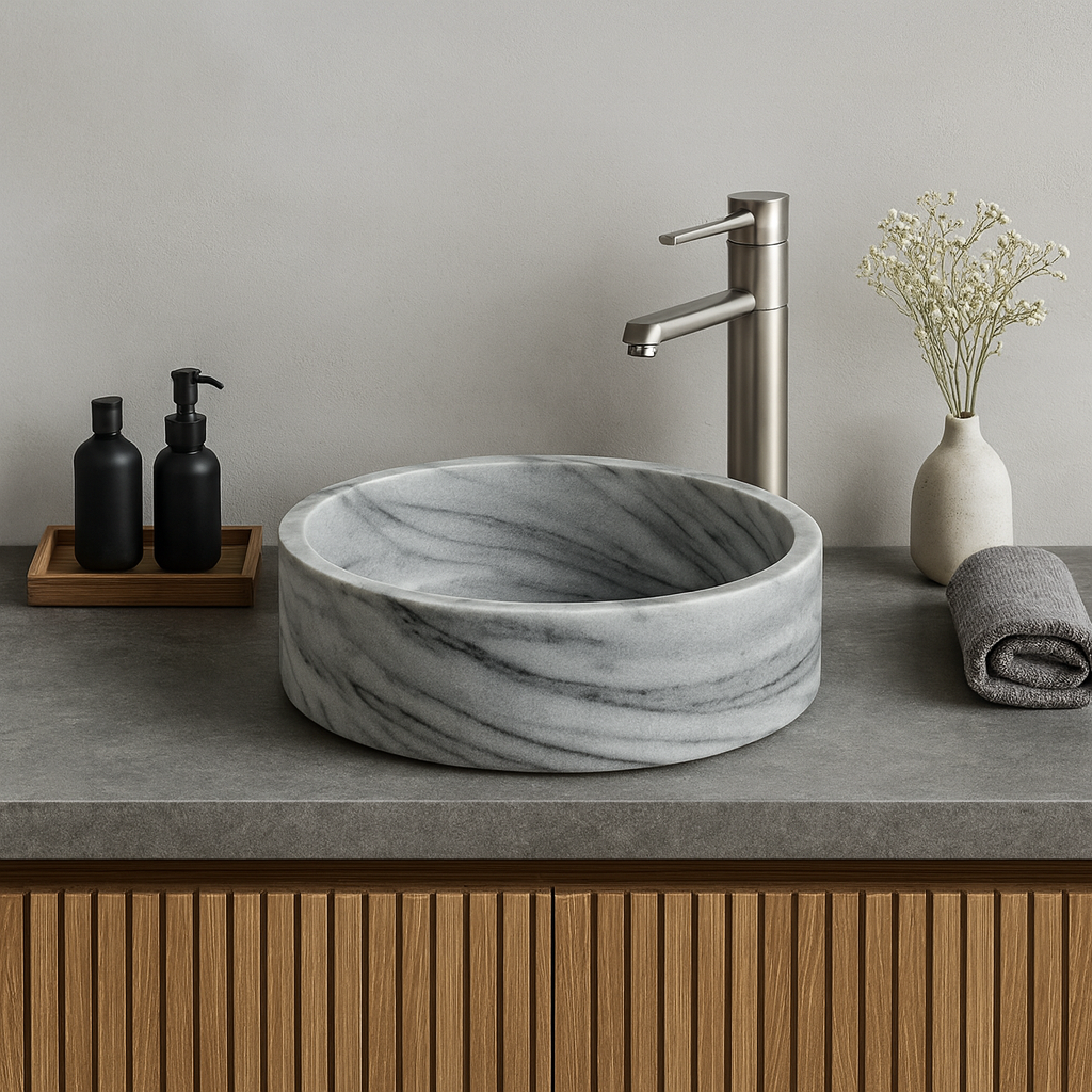 Grey Marble Sink | Round Vessel Basin 16.5x16.5 | Natural Stone Bathroom Sink USA