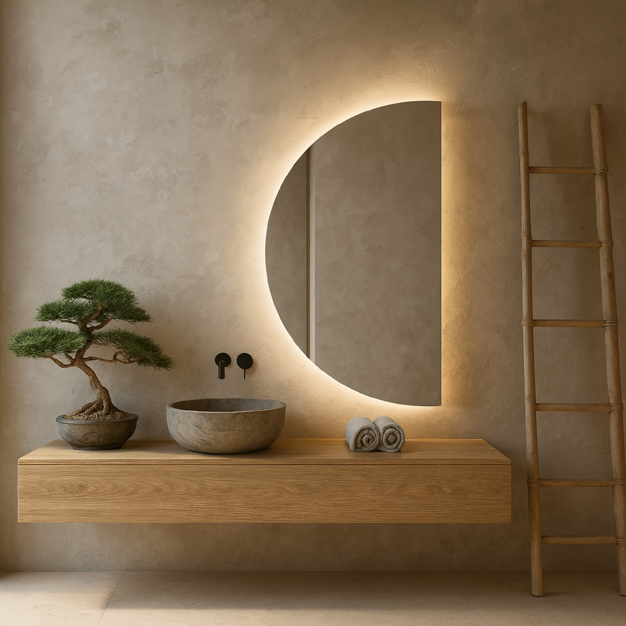Modern LED Bathroom Mirror – Half Circle Backlit Wall Mirror with Touch Sensor, Designer Lighted Vanity Mirror