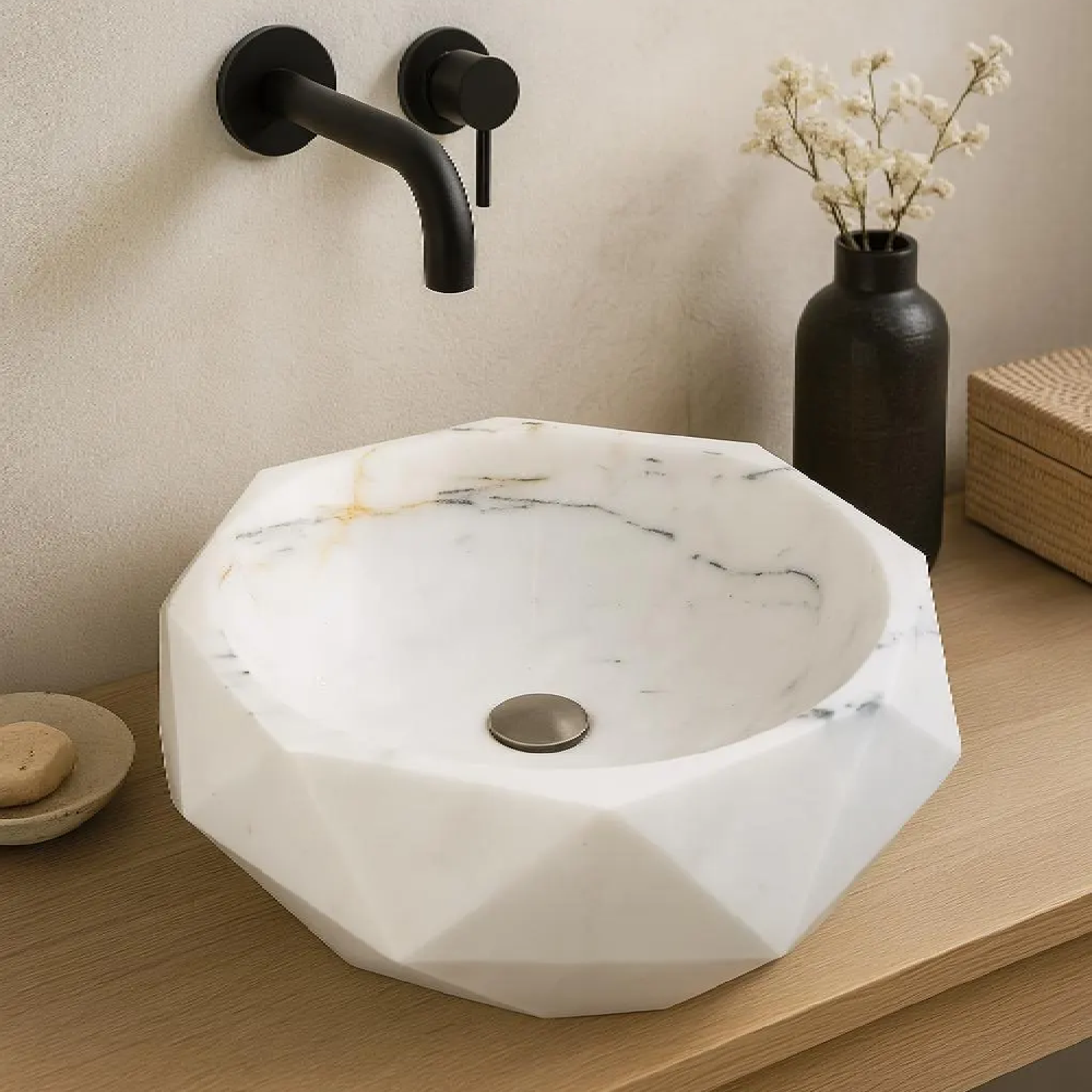 Modern Marble Vessel Sink | Geometric Bathroom Basin 16.5x16.5 USA | Luxury White Stone Sink