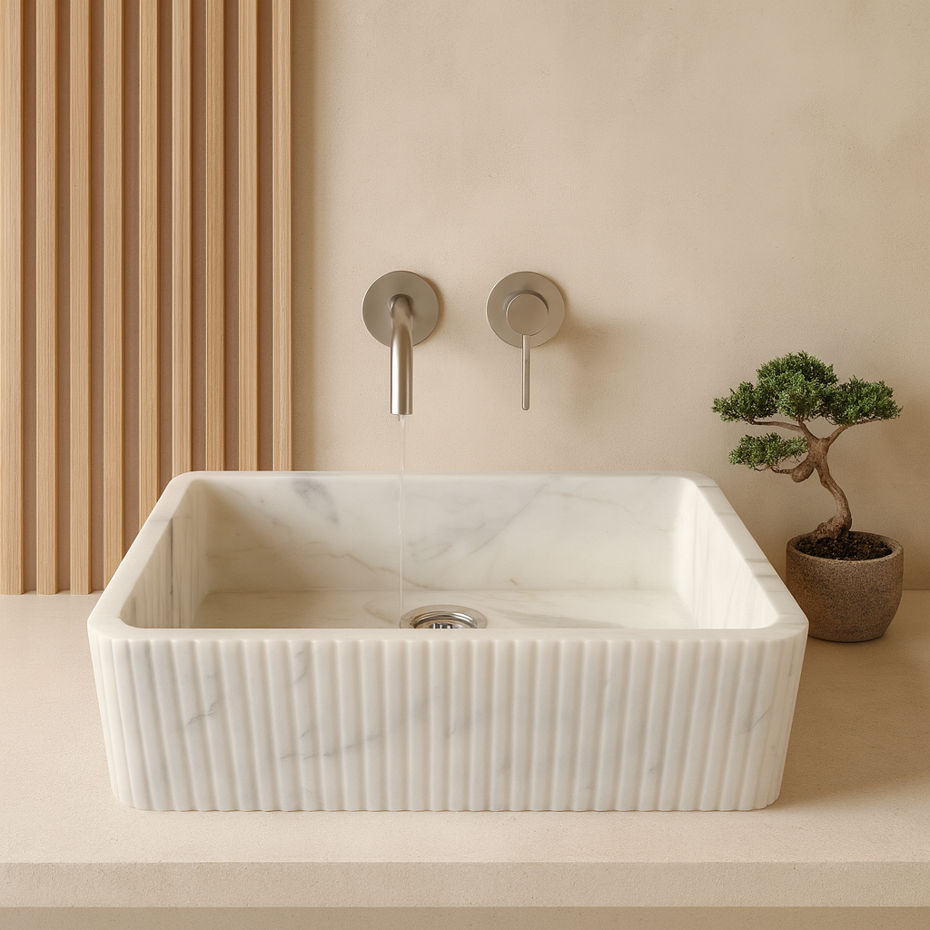 Carrara White Marble Wall Mount Sink | Luxury Bathroom Vanity Basin | Ribbed Textured Stone Sink