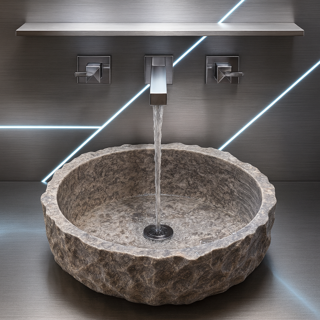 Travertine Vessel Sink | Natural Stone Bathroom Sink | Rustic Hand-Carved Basin