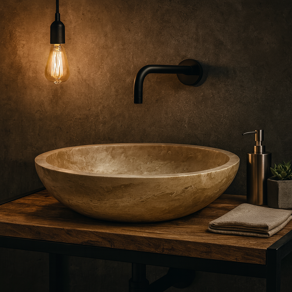 Light Travertine Marble Vessel Sink - Round Stone Bathroom Basin 16x16 | Luxury Natural Sink USA
