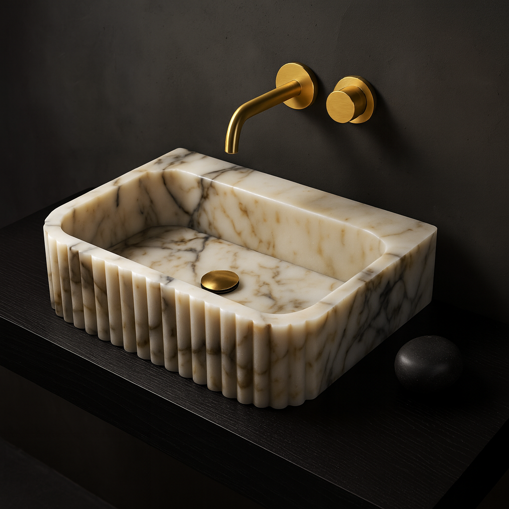 Calacatta Marble Vessel Sink - Luxury Fluted Bathroom Basin 16x20 | Premium Stone Sink USA