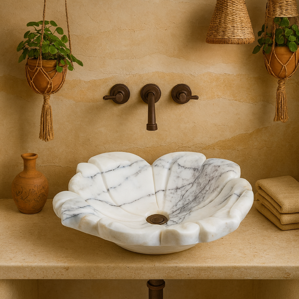 Flower Marble Sink | Hand-Carved Vessel Basin USA | Luxury Natural Stone Bathroom Sink
