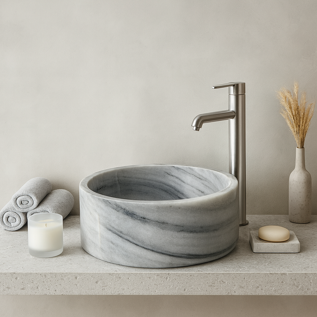 Grey Marble Sink | Round Vessel Basin 16.5x16.5 | Natural Stone Bathroom Sink USA