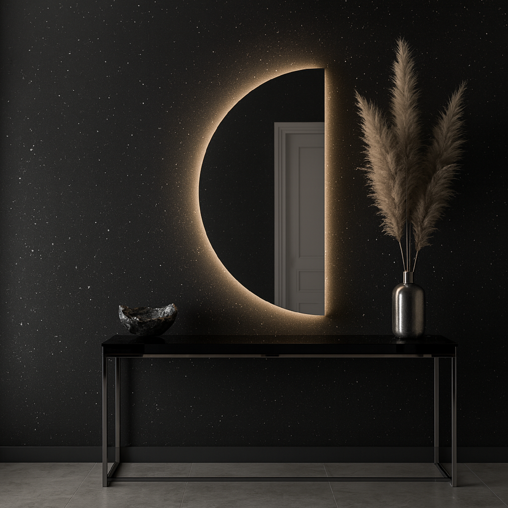 Modern LED Bathroom Mirror – Half Circle Backlit Wall Mirror with Touch Sensor, Designer Lighted Vanity Mirror