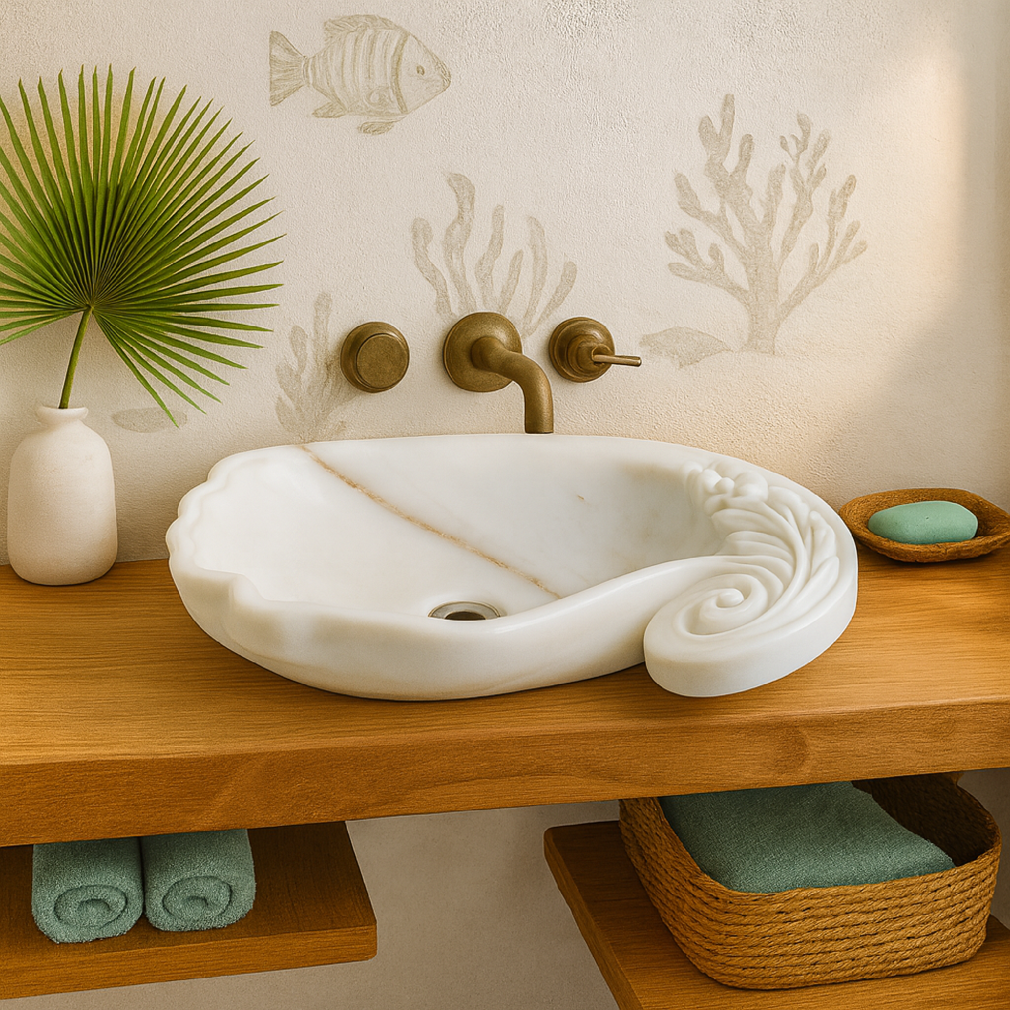 Marble Vessel Sink | Hand-Carved Natural Stone Bathroom Basin  | Luxury Floral Design Vanity