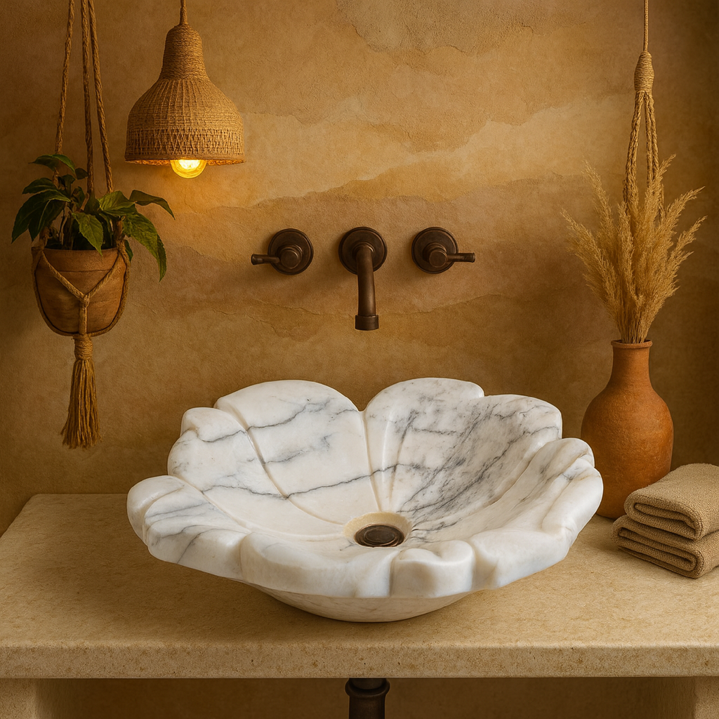 Flower Marble Sink | Hand-Carved Vessel Basin USA | Luxury Natural Stone Bathroom Sink