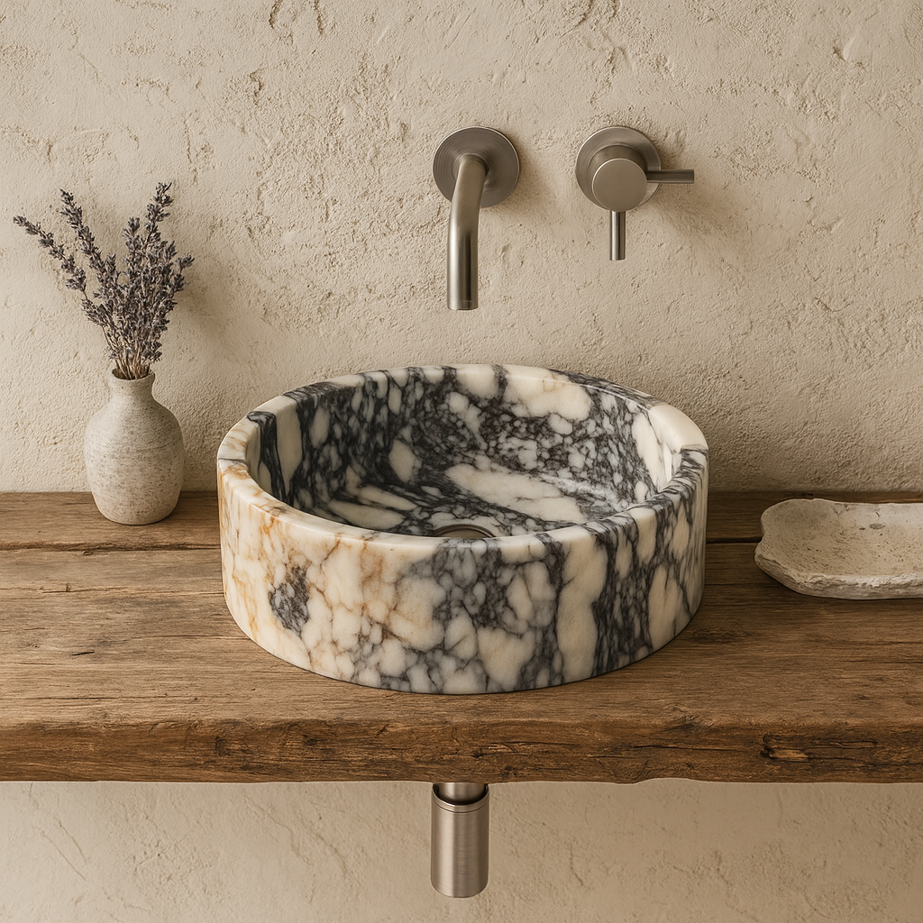 Calacatta Viola Marble Sink | Luxury Round Vessel Basin 16x16 | Natural Stone Bathroom Sink USA