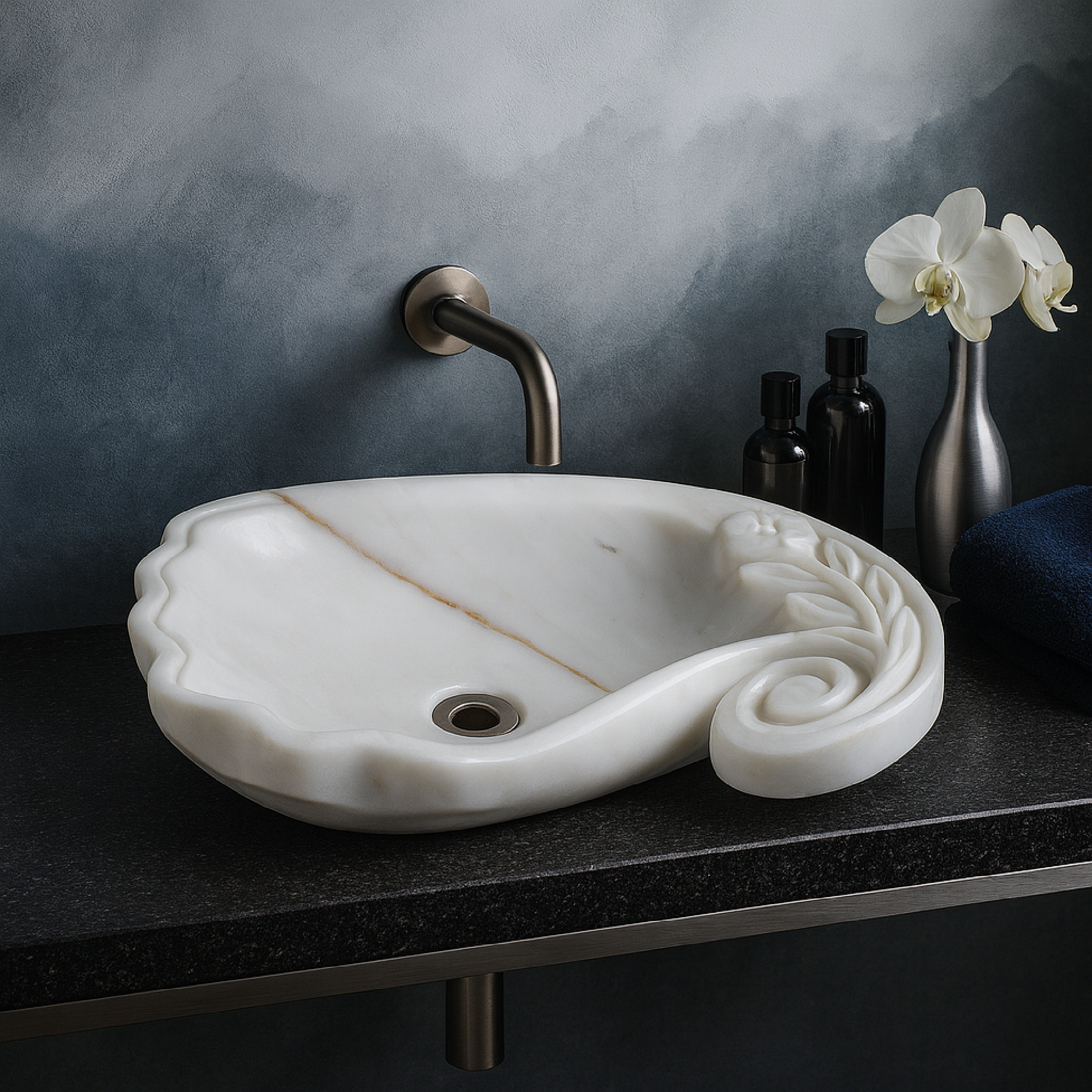 Marble Vessel Sink | Hand-Carved Natural Stone Bathroom Basin  | Luxury Floral Design Vanity