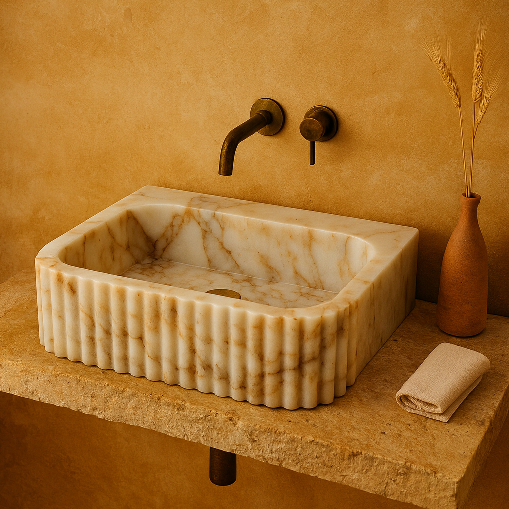 Calacatta Marble Vessel Sink - Luxury Fluted Bathroom Basin 16x20 | Premium Stone Sink USA