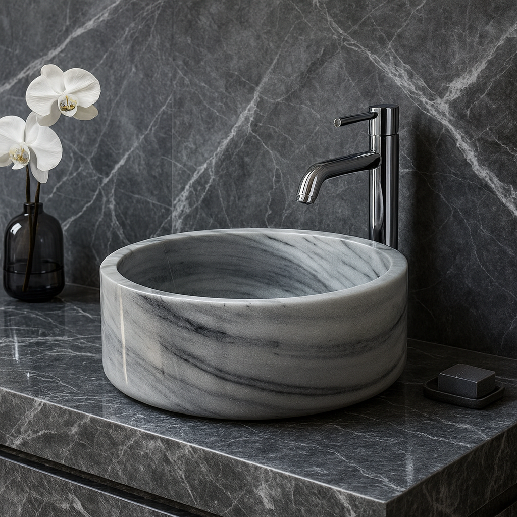 Grey Marble Sink | Round Vessel Basin 16.5x16.5 | Natural Stone Bathroom Sink USA