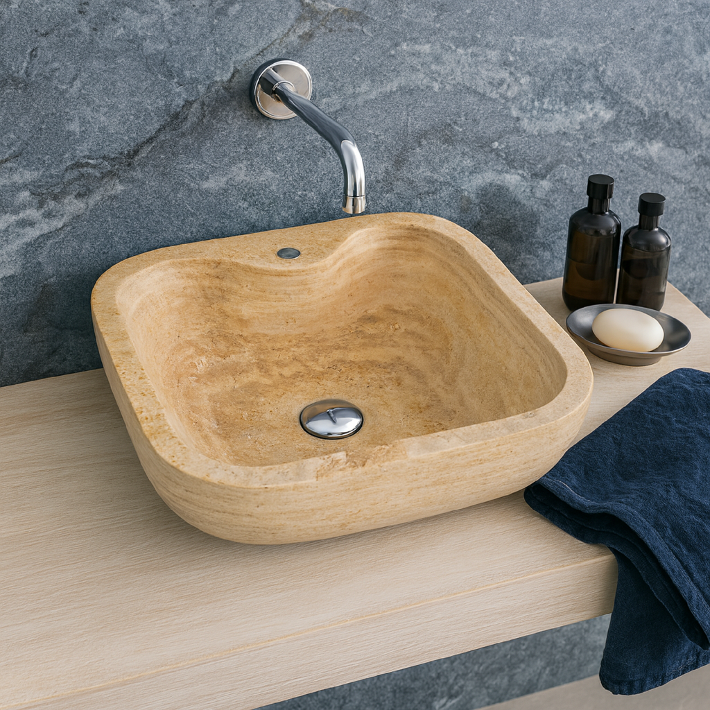 Travertine Vessel Sink | Natural Stone Bathroom Basin 18x18 inches USA | Luxury Marble Sink