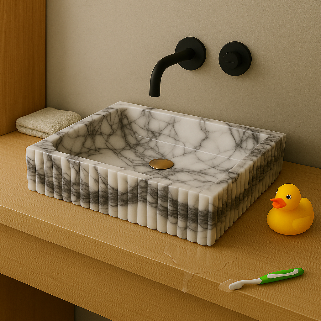 Luxury Marble Bathroom Sink – New York Marble Wall-Mount Vanity with Ribbed Texture