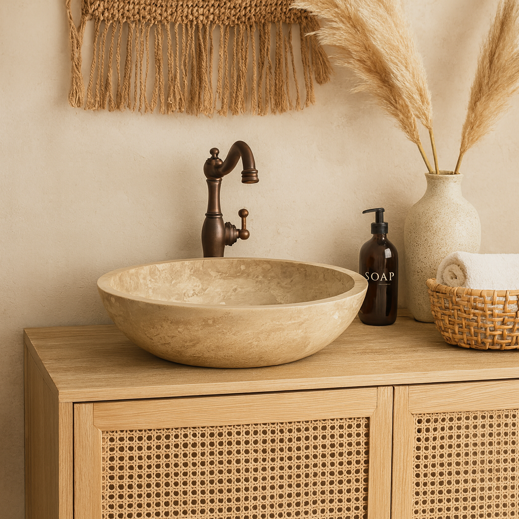 Light Travertine Marble Vessel Sink - Round Stone Bathroom Basin 16x16 | Luxury Natural Sink USA