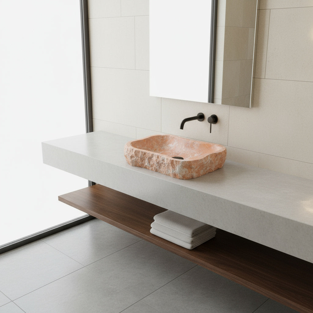Luxury Marble Vessel Sink – Handcrafted Natural Stone Bathroom Basin, Rustic Vanity Bowl 21.6"x15.7"x5.5" (55x40x14 cm)