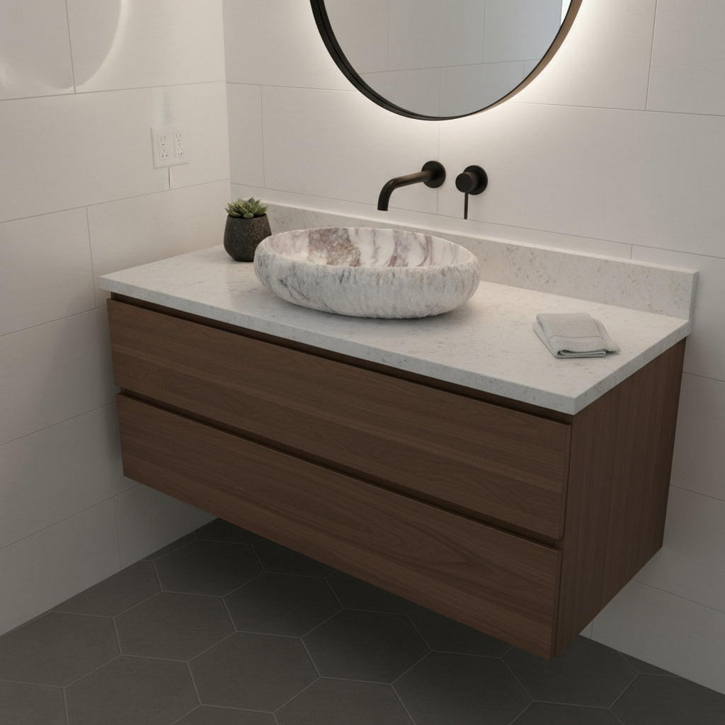 Luxury Marble Vessel Sink – Handcrafted Natural Stone Bathroom Basin with Textured Edge, Modern Vanity Bowl 21.6"x15.7"x5.5" (55x40x14 cm)