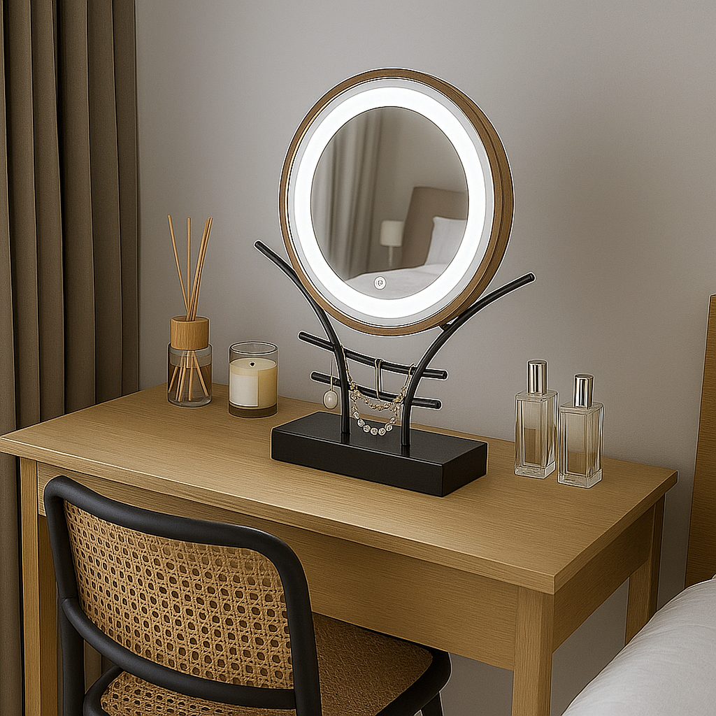 LED Makeup Mirror with Wooden Frame – Dimmable Touch Lighted Vanity Mirror & Jewelry Holder