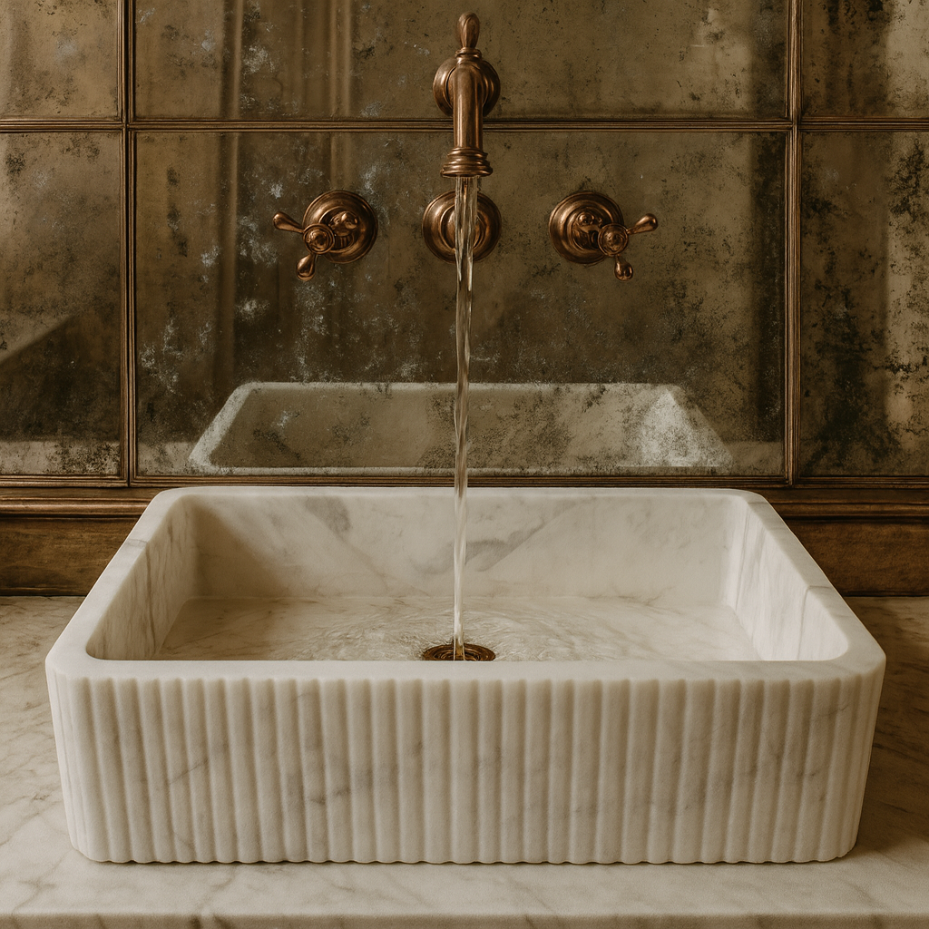 Carrara White Marble Wall Mount Sink | Luxury Bathroom Vanity Basin | Ribbed Textured Stone Sink