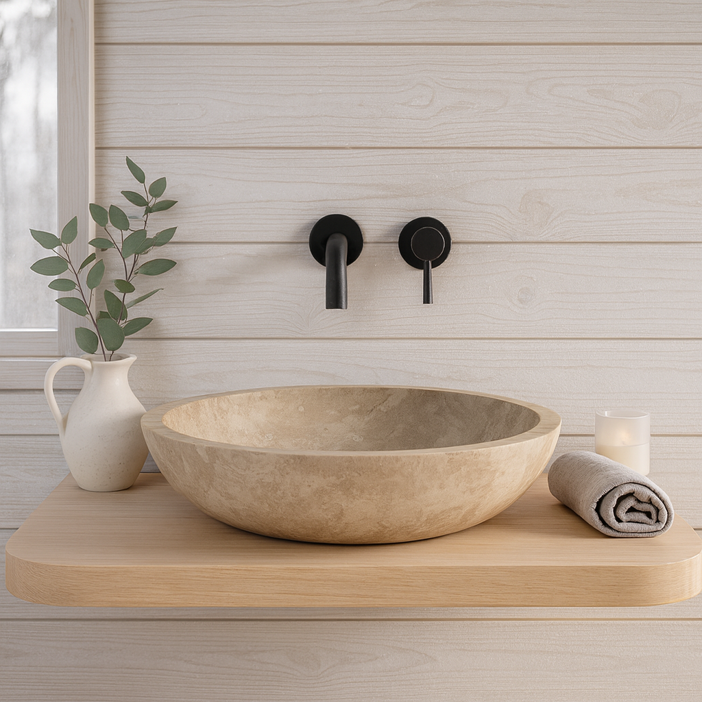 Light Travertine Marble Vessel Sink - Round Stone Bathroom Basin 16x16 | Luxury Natural Sink USA