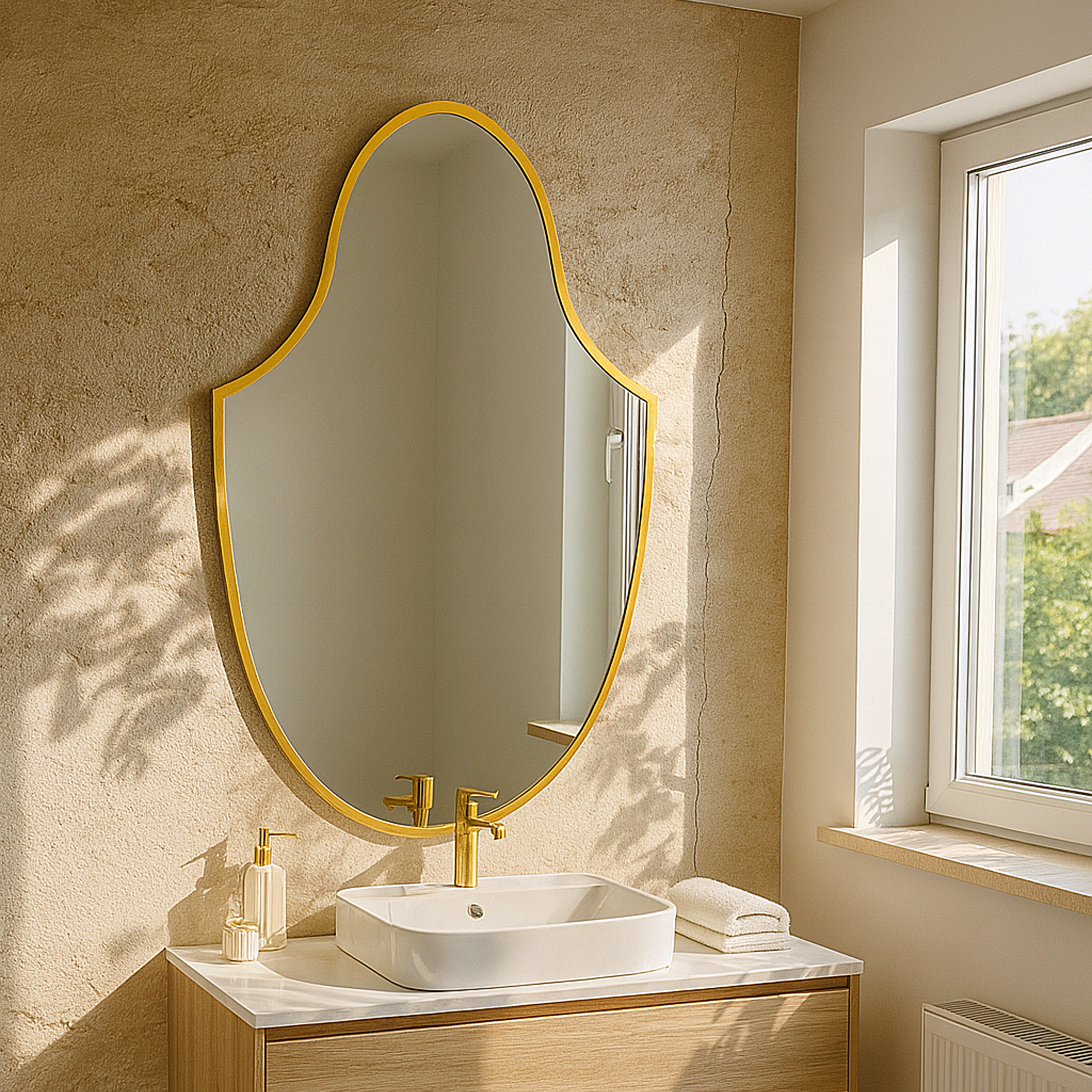 Modern Gold Wall Mirror – Arched Shield Shape Mirror for Living Room & Entryway