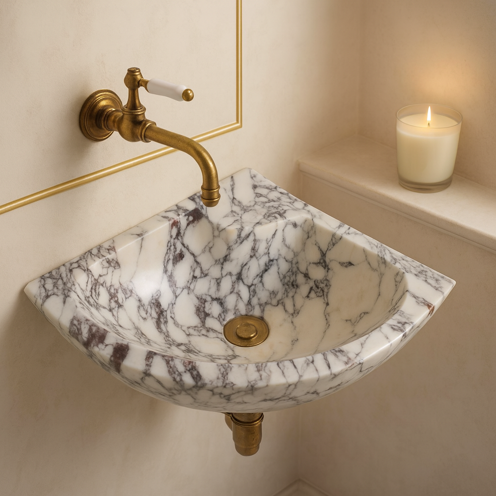 Calacatta Viola Marble Corner Sink | Wall Mount Bathroom Basin | Luxury Small Space Vanity