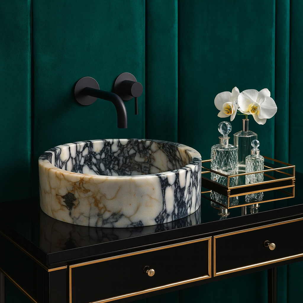 Calacatta Viola Marble Sink | Luxury Round Vessel Basin 16x16 | Natural Stone Bathroom Sink USA