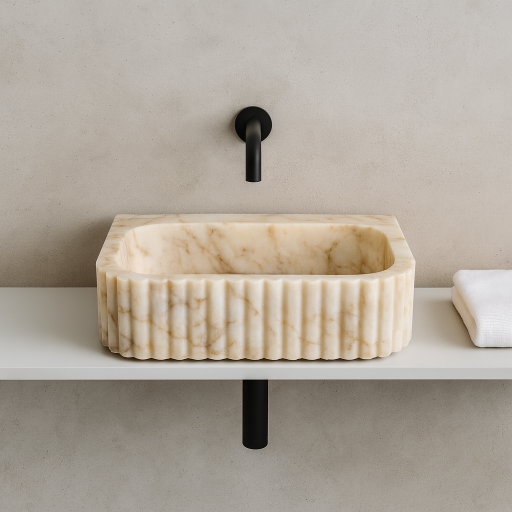 Calacatta Marble Vessel Sink - Luxury Fluted Bathroom Basin 16x20 | Premium Stone Sink USA