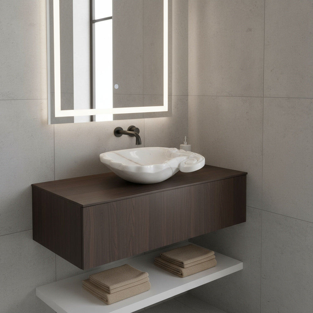 Marble Vessel Sink | Hand-Carved Natural Stone Bathroom Basin  | Luxury Floral Design Vanity