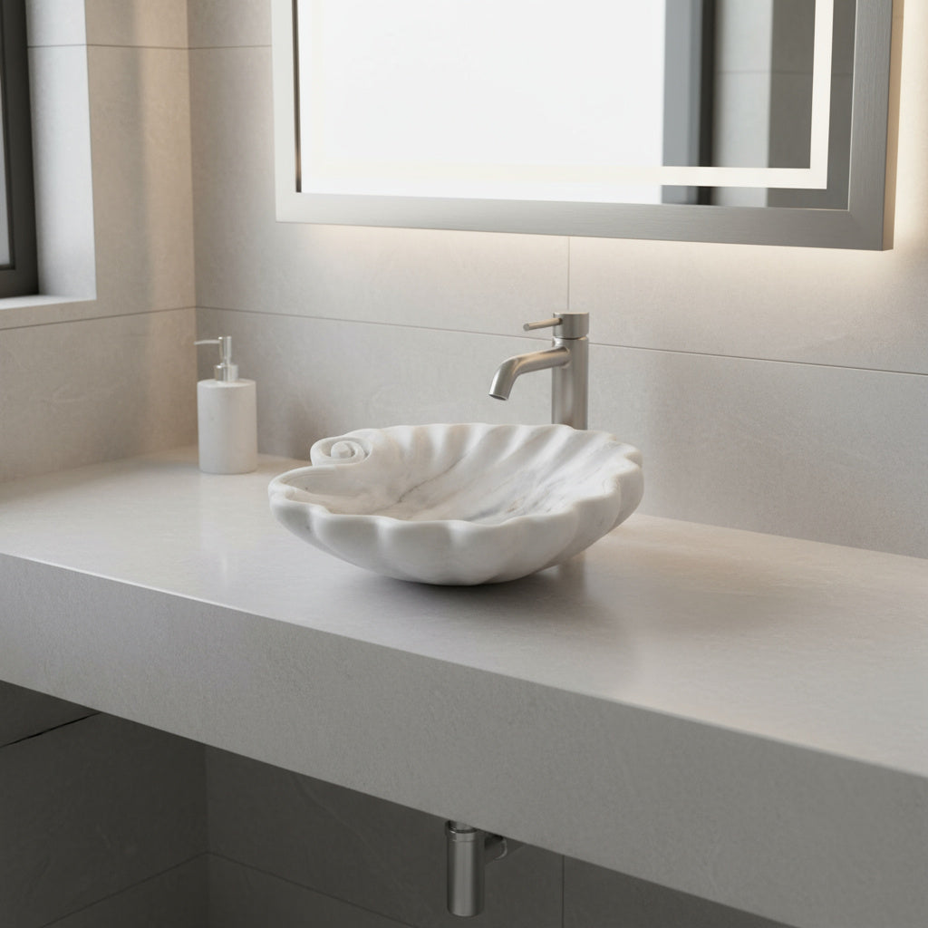 Luxury Marble Vessel Sink – Hand-Carved Shell Design Natural Stone Bathroom Basin