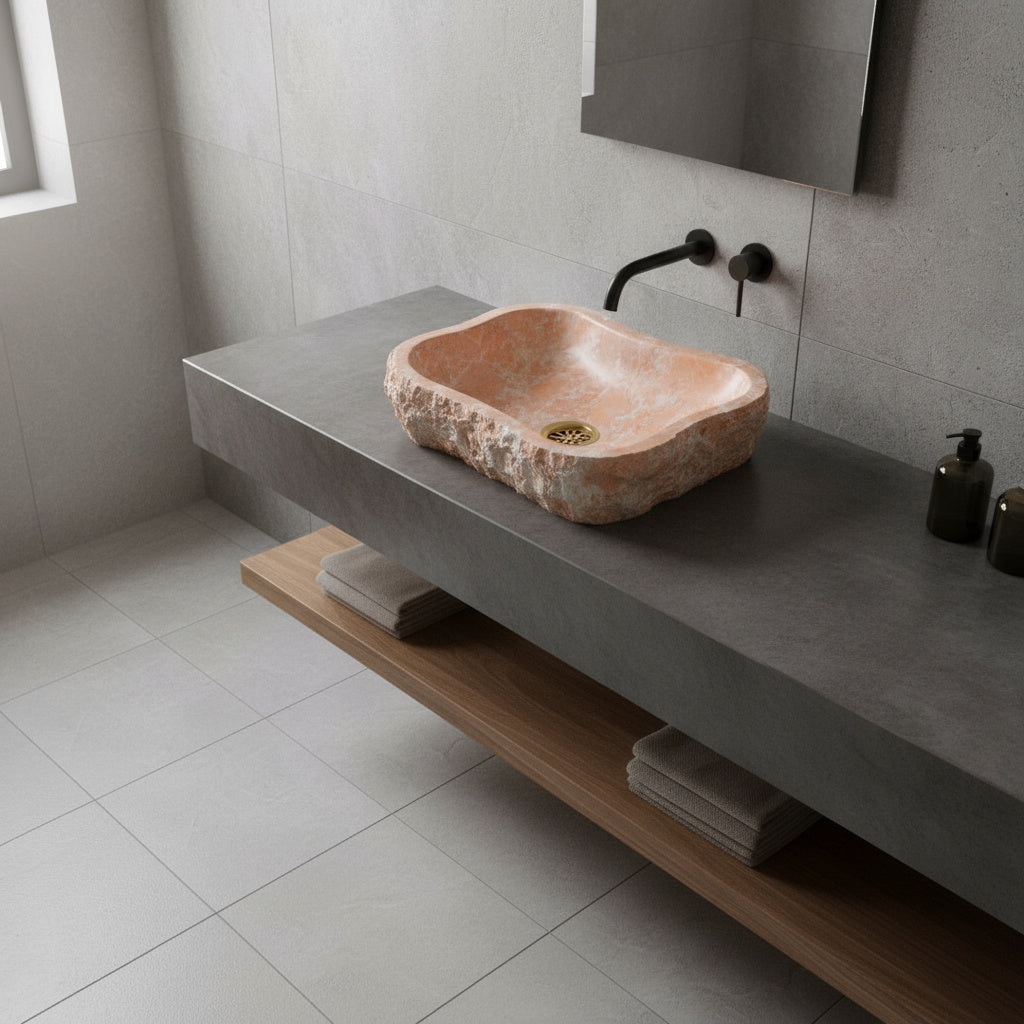 Luxury Marble Vessel Sink – Handcrafted Natural Stone Bathroom Basin, Rustic Vanity Bowl 21.6"x15.7"x5.5" (55x40x14 cm)